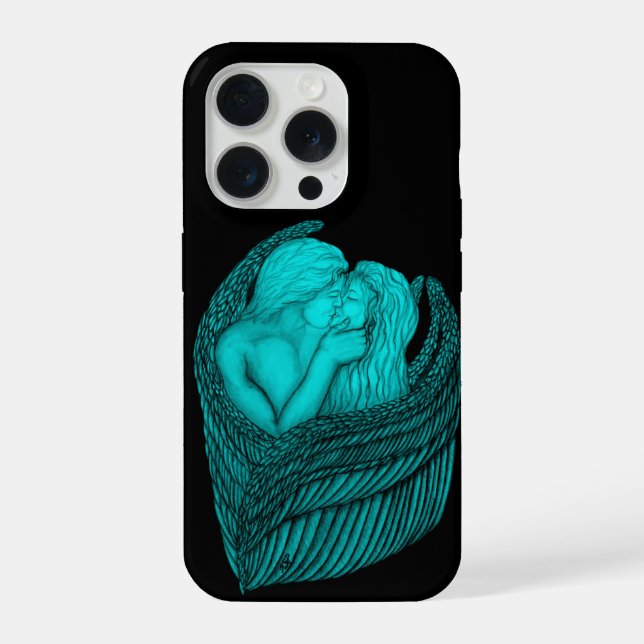 Coque iPhone Angels Kissing, noir et vert Design (Verso)