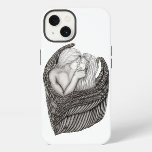 Etui iPhone 13 Anges qui s'embrassent, design noir et blanc