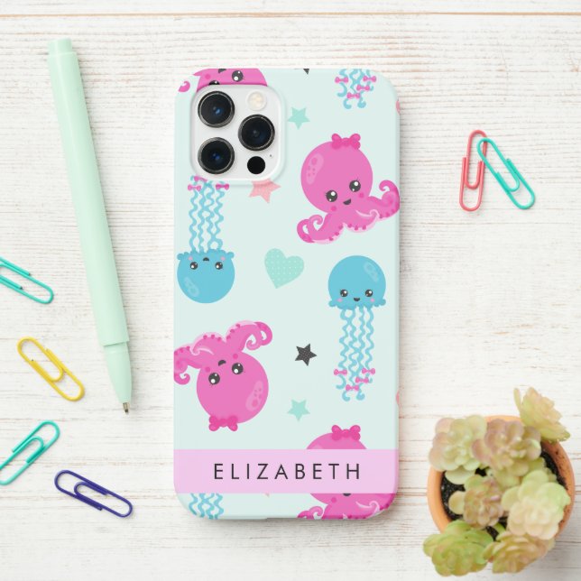 Coque iPhone Animaux de mer, poulpe, méduse, Coeurs, Votre nom (Sur le bureau)