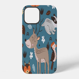 Coque iPhone 12 Animaux forestiers, bleu, style scandinave