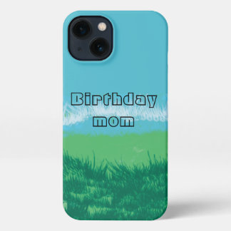 Etui iPhone 13 Anniversaire Maman -Moderne -Bleu-Nature-Couvertur