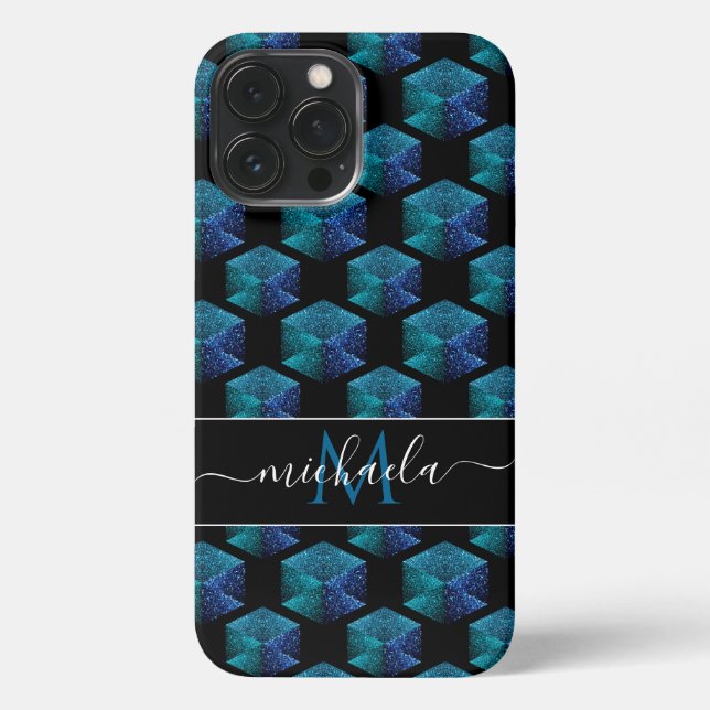 Coque iPhone Aqua bleu étincelle diamant Monogramme géométrique (Verso)