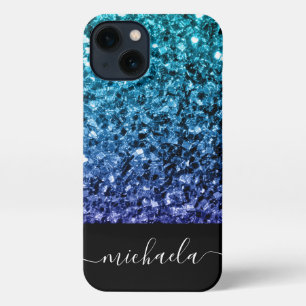 Etui iPhone 13 Aqua blue Ombre fausse parties scintillant scintil