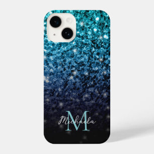 Coque Pour iPhone 14 Aqua blue Ombre fausse parties scintillant scintil