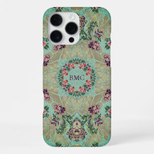 Coque iPhone 16 Pro Max Aqua Rose Violet Floral Faux Lampas Brocart