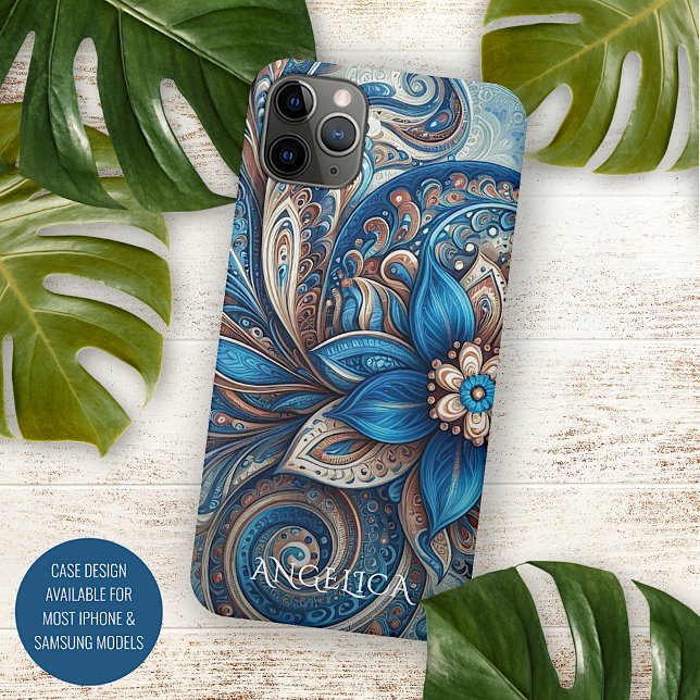 Coque iPhone Aqua Turquoise Azure Blue Beige Paisley Art Motif (Créateur téléchargé)
