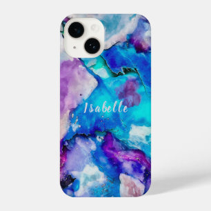 Coque Pour iPhone 14 Aquarelle bleu rose blanc Résumé Monogramme