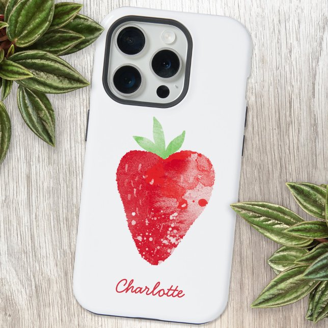 Coque iPhone Aquarelle de fraise personnalisée (Personalized script name watercolor strawberry art cell phone case)