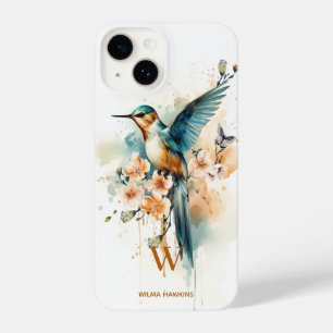 Coque Pour iPhone 14 Aquarelle Élégant Monogramme De Colibri Avec Nom