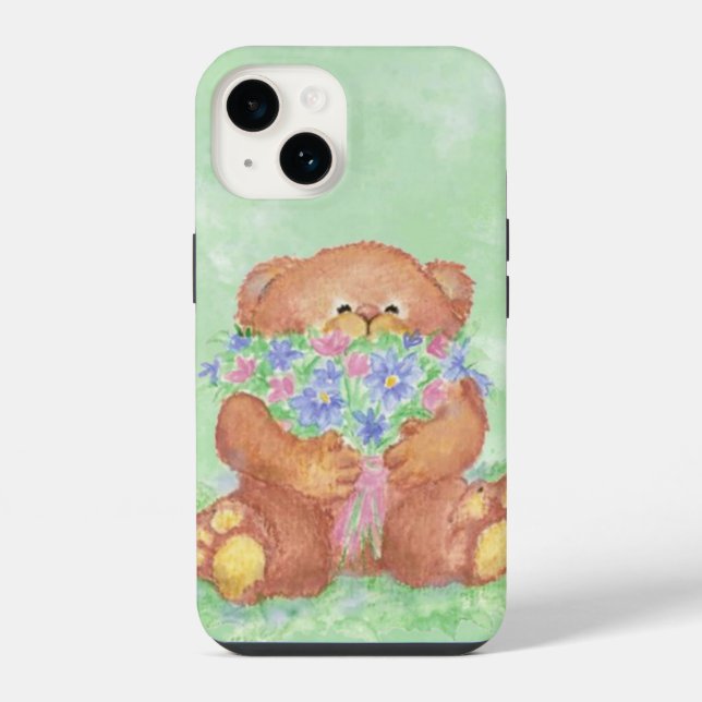 Coque iPhone Aquarelle mignonne Ours En Teddy Bouquet Fleurs Ar (Verso)