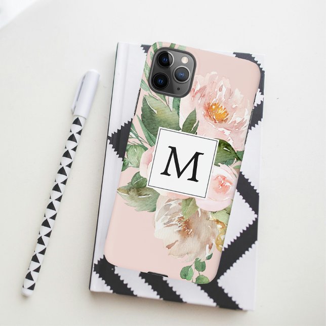 Coque iPhone Aquarelle moderne Fleurs roses Monogrammes (Créateur téléchargé)