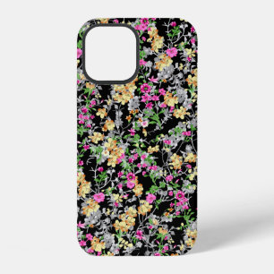 Coque iPhone 12 aquarelle motif floral transparent fond noir