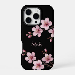 Coque iPhone 16 Pro Aquarelle rose cerisier noir Monogramme en fleurs