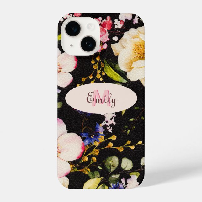 Coque iPhone Aquarelle rose Roses jaunes sur noir, Monogramme (Verso)