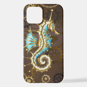 Coque iPhone 12 Arrière - plan en bois avec cheval de mer mécaniqu