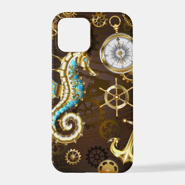 Coque iPhone Arrière - plan en bois avec cheval de mer mécaniqu (Verso)