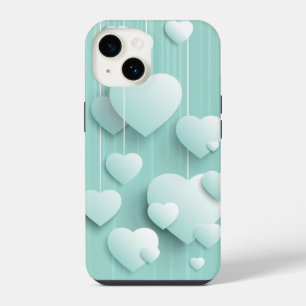 Coque Pour iPhone 14 Arrière - plan vert clair avec coeur blanc 3D