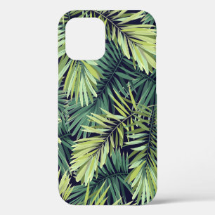 Coque iPhone 12 Arrière - plan vert clair avec plantes tropicaux.