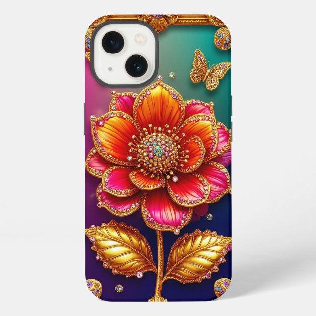 Coque iPhone Art de la fleur dorée complexe (Verso)