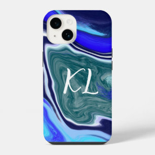Coque Pour iPhone 14 Art fluide en marbre bleu et blanc avec monogramme