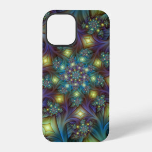 Coque iPhone 12 Pro Art fractal abstrait illuminé brillant sarcelle vi