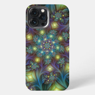Etui iPhone 13 Pro Max Art fractal abstrait illuminé brillant sarcelle vi