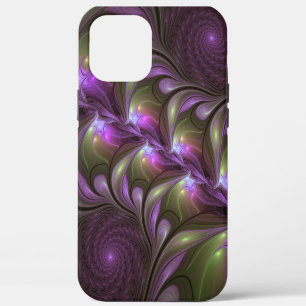 Coque iPhone 12 Pro Max Art fractal abstrait violet pourpre kaki coloré