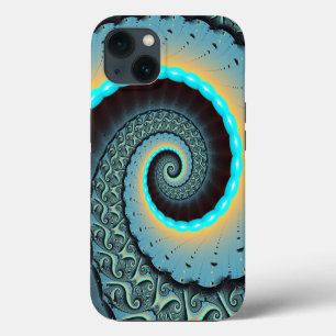 Etui iPhone 13 Art fractal spirale abstrait bleu turquoise orange