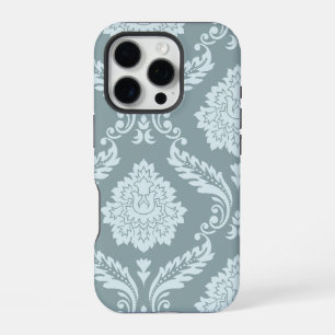Coque iPhone 16 Pro Art Rococo Damassé I Bleu Canard+Turquoise