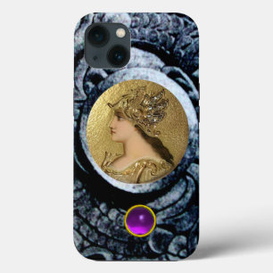 ETUI iPhone 13 ATHÉNA AVEC GRIFFONS FANTAISIE ET GEMME VIOLETTE