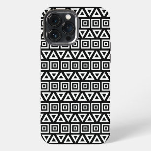 Etui iPhone 13 Pro Max Aztec Triangles+Motif Carré blanc sur noir