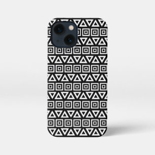 Etui iPhone 13 Mini Aztec Triangles+Motif Carré blanc sur noir