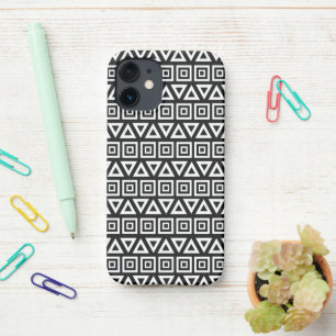 Coque iPhone 12 Mini Aztec Triangles+Motif Carré blanc sur noir