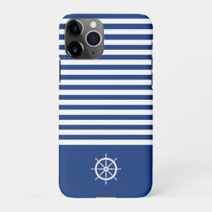 Coque iPhone 11Pro Bandes Nautiques+Navires Roue Bleu+Blanc