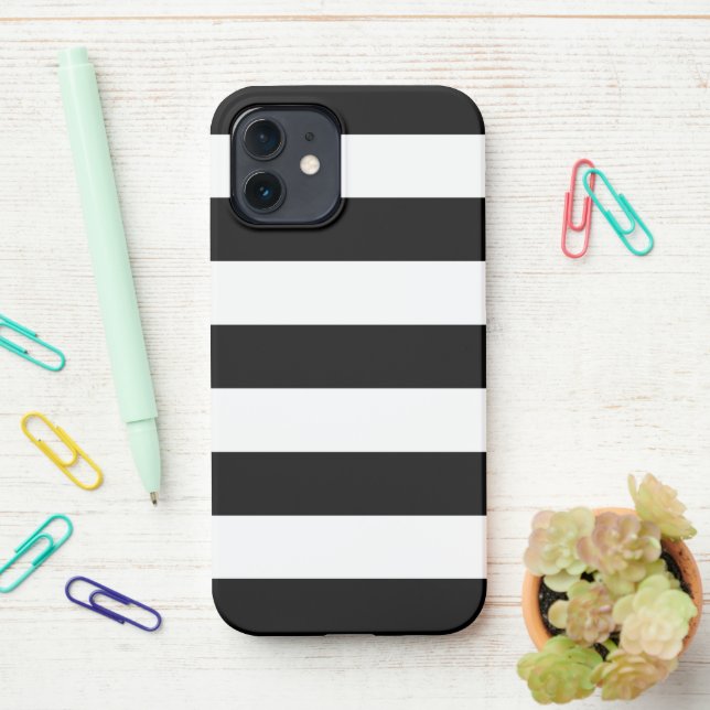 Coque iPhone Bandes noires et blanches, Motif rayé, Lignes (Sur le bureau)