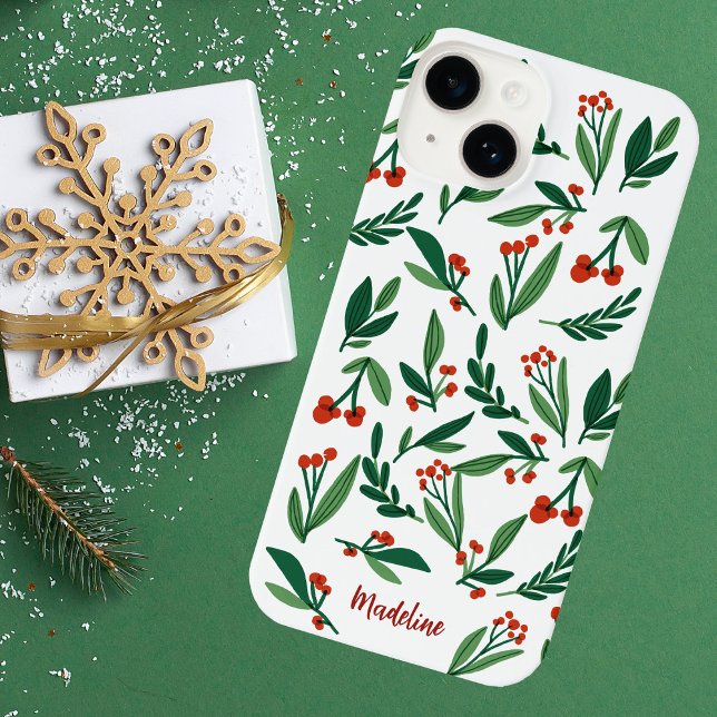 Coque iPhone Beau Monogramme de Noël Botanique Holly Berry (Créateur téléchargé)