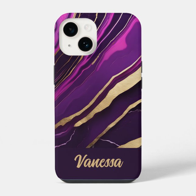Coque iPhone Belle conception en marbre violet et or (Verso)