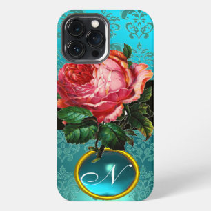 ETUI iPhone 13 PRO MAX BELLE ROSE ROSE BLEU SARCELLE DAMAS GEMME MONOGRAM