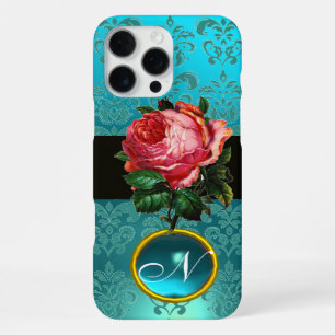 COQUE iPhone 16 PRO MAX BELLE ROSE ROSE BLEUE TEAL DAMAS GEMME MONOGRAMME