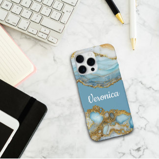 Coque iPhone 16 Pro Max Bille personnalisée en agate bleue géode marbre