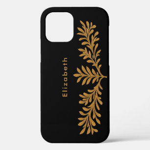 Coque iPhone 12 Pro Black Brown Floral Feuilles Personnalisé Nom Perso
