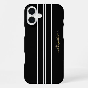 Coque iPhone 16 Plus Black White Racing Stripes Chic Gold Monogrammed