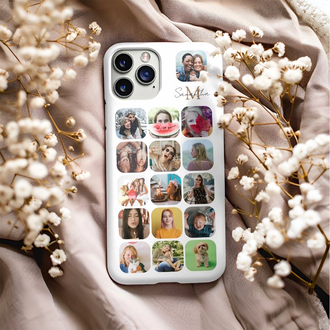 Coque iPhone Blanc moderne 16 Photo Collage & Monogramme (Créateur téléchargé)