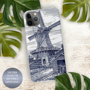 Coque iPhone 16 Pro Max Bleu foncé moulin à vent hollandais bleu antique d