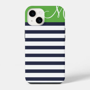 Coque Pour iPhone 14 Bleu marine et rayures prépa vertes avec monogramm
