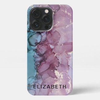 Etui iPhone 13 Pro blue and dusty pink gold marble personalized 