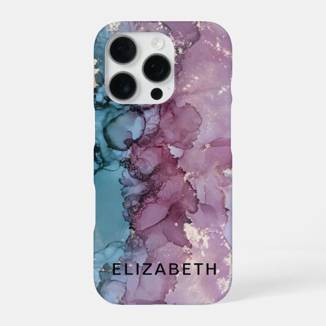 Coque iPhone blue and dusty pink gold marble  personalized  (Verso)