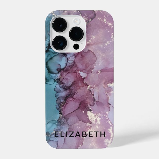 Coque iPhone blue and dusty pink gold marble personalized  (Verso)