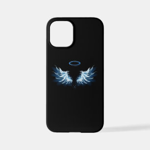 Coque iPhone 12 Mini Blue Glowing Angel Wings on black background