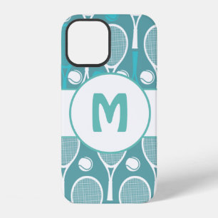 Coque iPhone 12 Blue & White Tennis Rackets Balls Joueur Nom migno